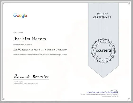 Ask Questions to Make Data-Driven Decisions, Google via Coursera, 2022
