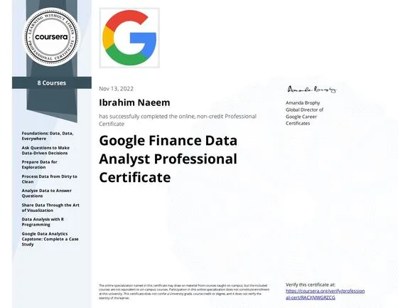 Google Finance Data Analyst Professional Certificate, Google via Coursera, 2022