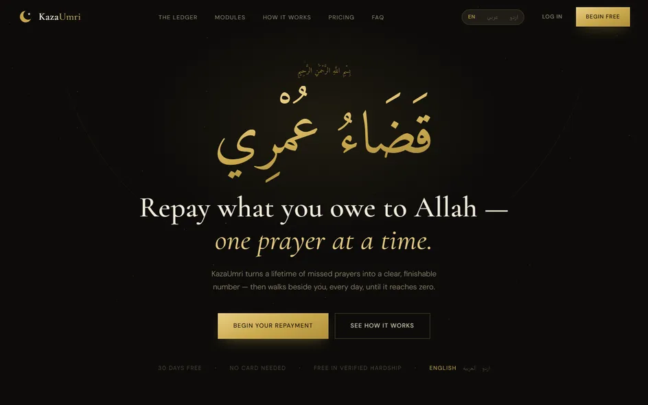 The Kaza Umri homepage in English, Arabic and Urdu, offering to turn missed prayers into a finishable number