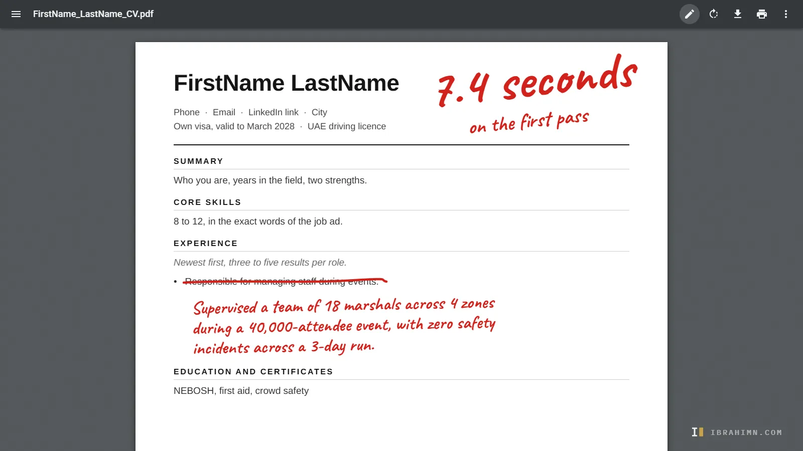 A CV open in a PDF viewer with red-pen edits: 7.4 seconds on the first pass written at the top, and a duty line crossed out and rewritten as a result with numbers